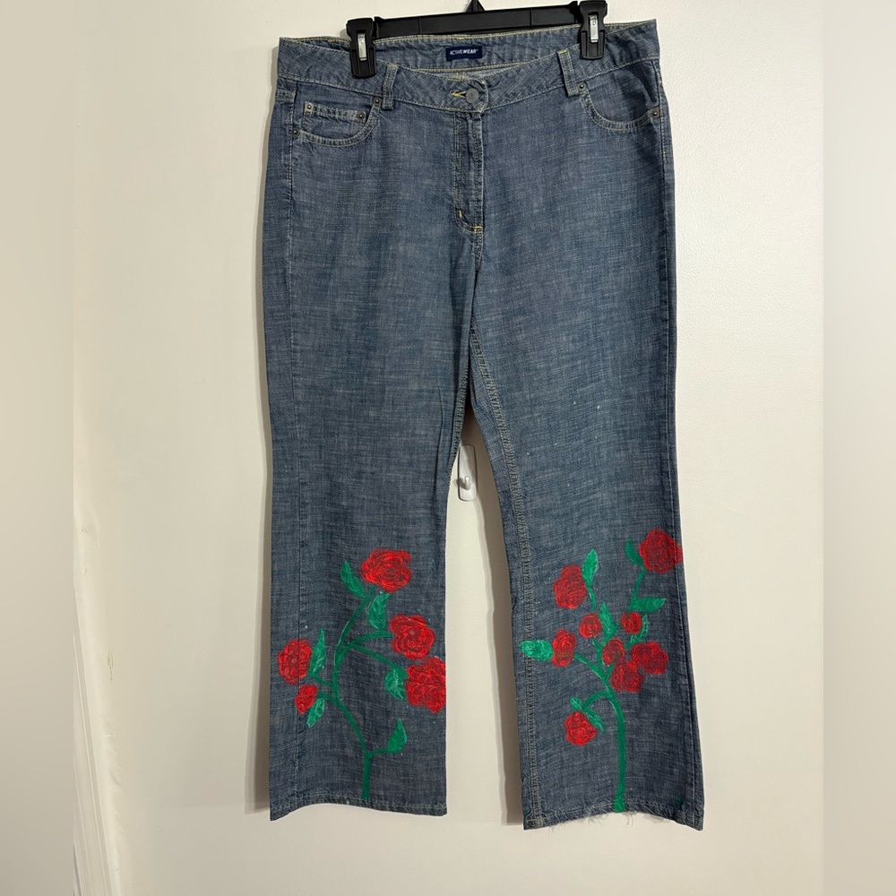 boho Active wear Denim wide leg jeans with Painted Red Floral design US Size 16